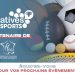 Image avec un ballon de foot, un ballon de basket et d'autres équipements qui met en avant le partenariat Initiatives et la F.F. Clubs Omnisports