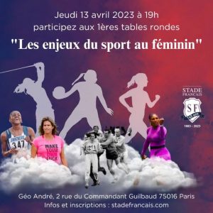 Visuel de la table ronde du stade français sur les enjeux du sport au féminin avec la représentation de plusieurs athlètes
