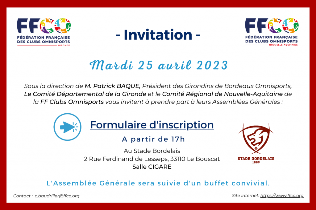 Carton d'invitation à l'Assemblée Générale du Comité Régional de la Nouvelle-Aquitaine et du Comité Départemental de la Gironde des Clubs Omnisports
