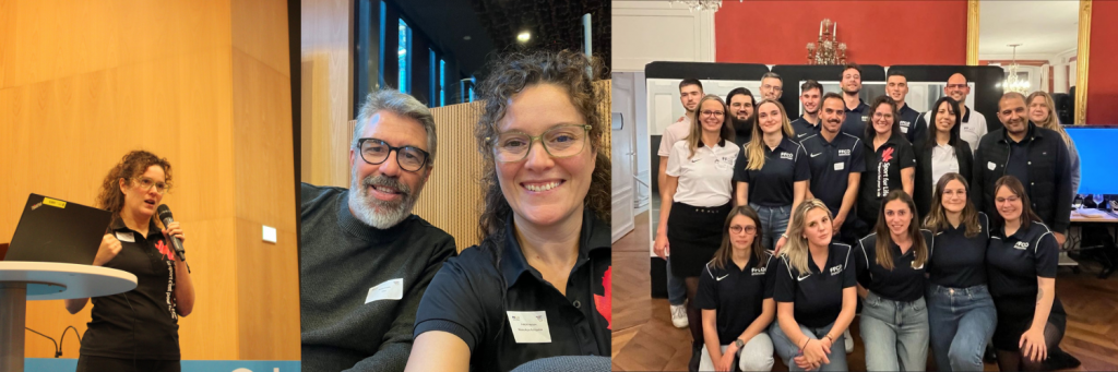 Mariane Parent lors de son séjour en France pour le salon Sport Asso & Co. De gauche à droit, Mariane lors de l'animation de sa conférence, Mariane avec Freddy Maso de l'ASM Omnisports et pour finir Mariane entourée de l'équipe de la Fédération Française des Clubs Omnisports.