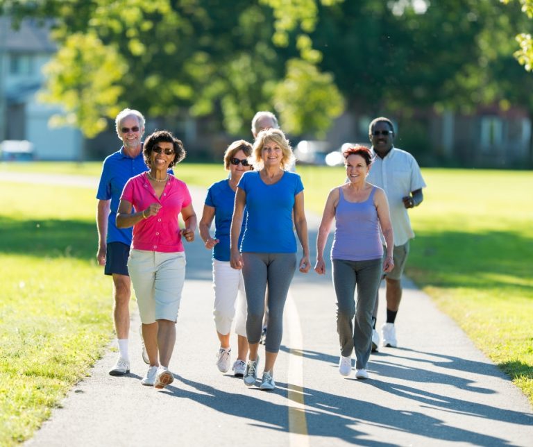 Un groupe de 7 personnes marchant sous le soleil